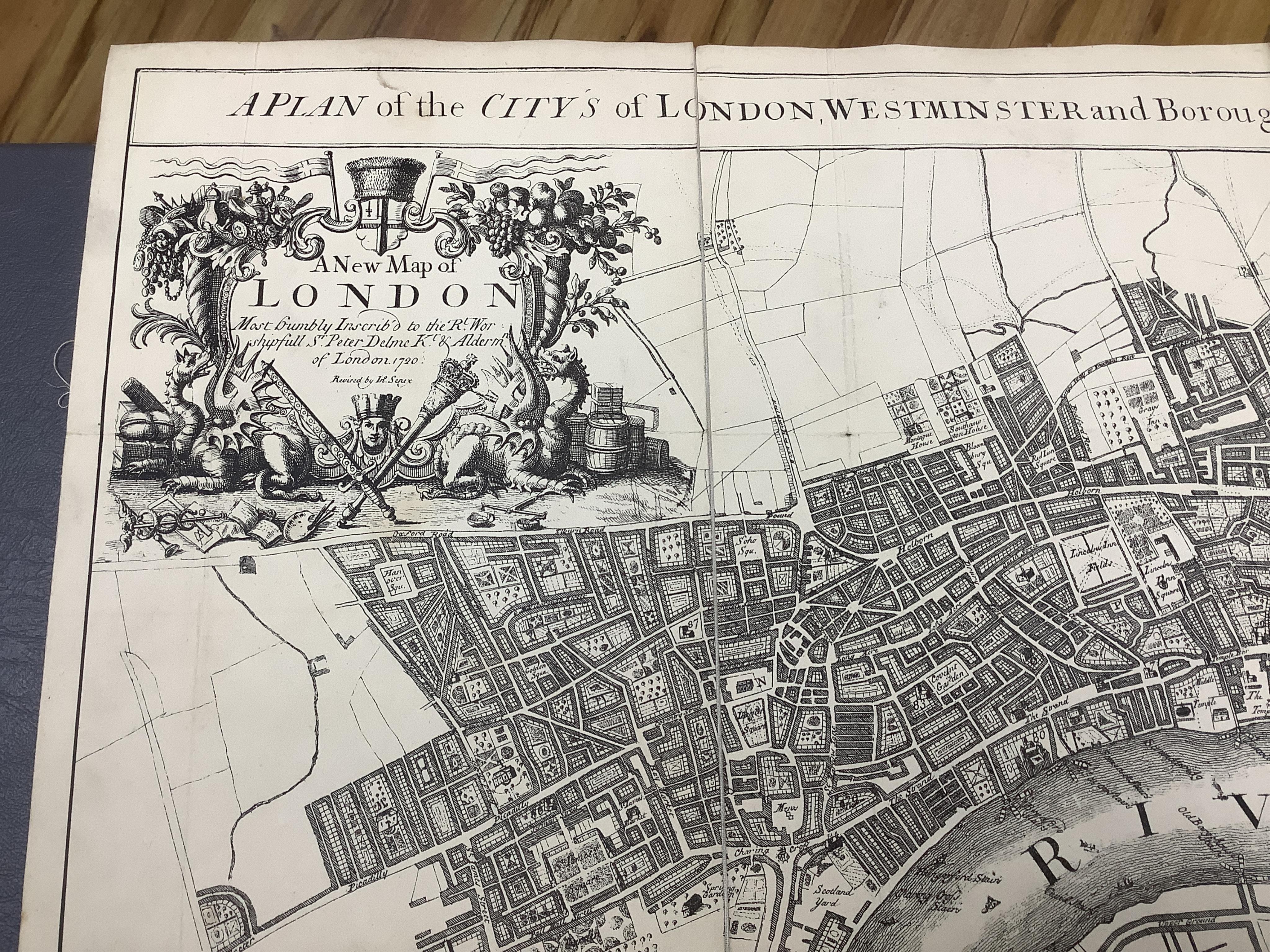 Three maps comprising: After John Senex, A New Map of London, 1720, published by Cassell, Petter & Galpin, linen backed folding map, with slipcase, London in the Reign of Queen Elizabeth, published by Cassell, linen back